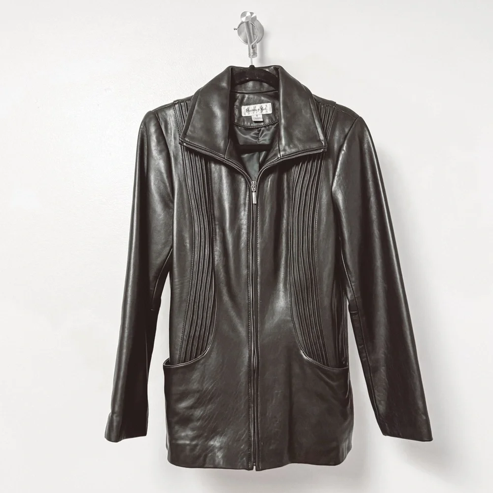 Preston and York Pleated Front‎ Genuine Leather Zip Up Jacket Black Small